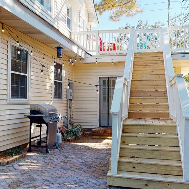 Staircase leads to upper deck of 913 Jones Avenue home on Tybee Island
