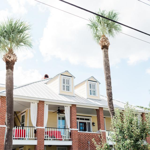 An exterior view of a bed and breakfast multi-level home