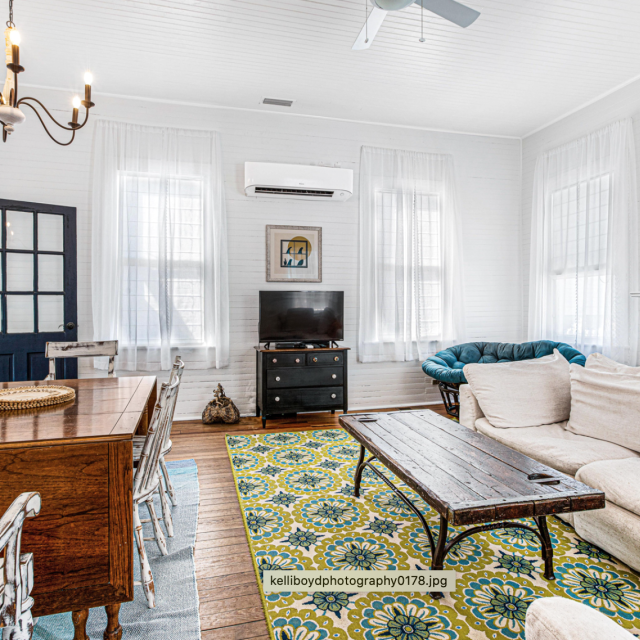 A living and dining room combo with a coach and dining table.