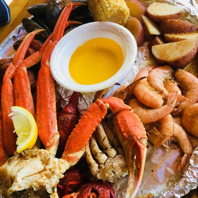 Closeup of low-country seafood boil at The Crab Shack Tybee Island Georgia Seafood