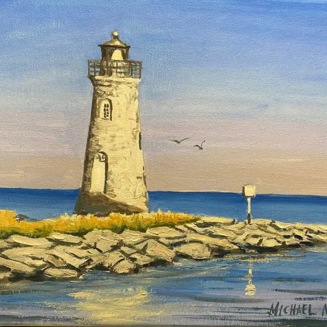 A painting of a lighthouse in the ocean surrounded by rocks.