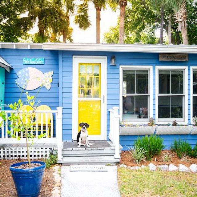 A colorful beach themed cottage with a black and white dog sitting out front.
