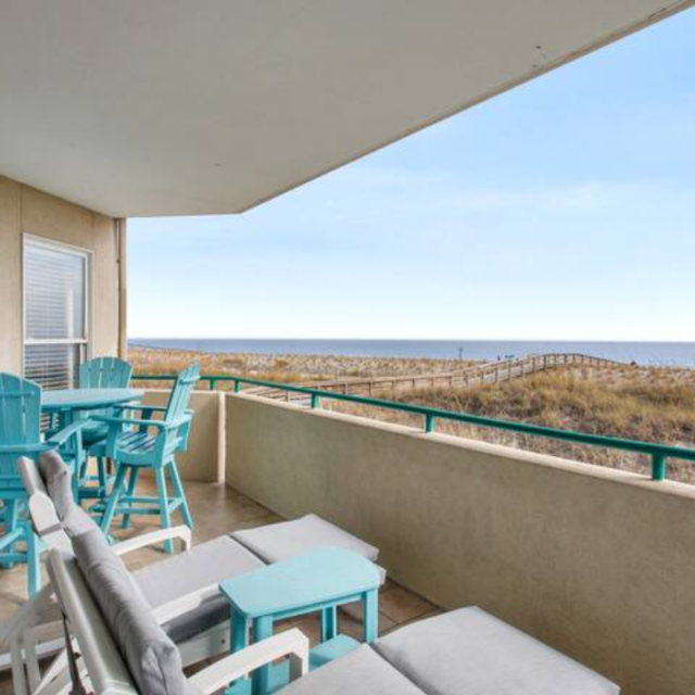 An outdoor deck with beach views