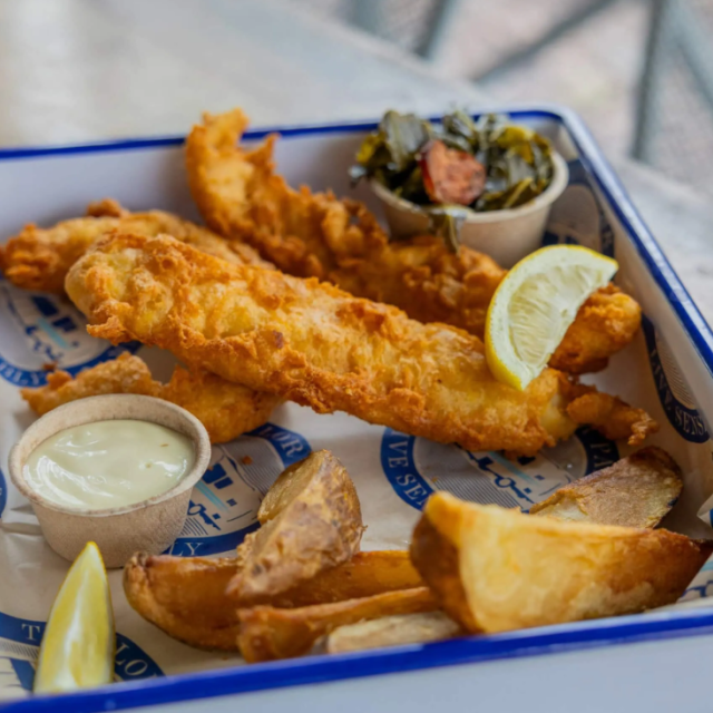 A serving of fish and chips.