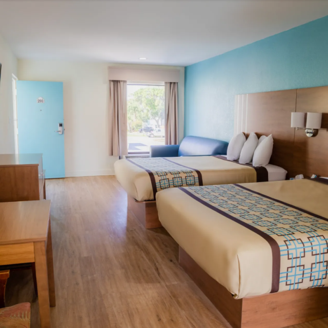 A modern double-bed hotel room on Tybee Island.