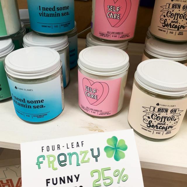 Homemade candles for purchase.