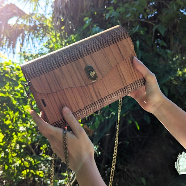 A handmade wooden purse.