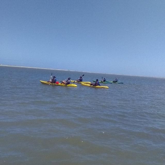 Kayakers paddle across the coastal waters off Tybee Island under a clear blue sky.