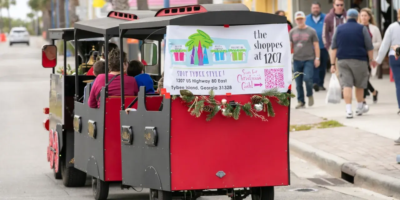 Tybee Holly Days Christmas train shuttle on Tybee Island.