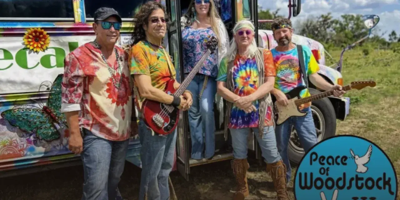 Peace of Peacock tribute band dressed in woodstock attire and tie dye t-shirts.