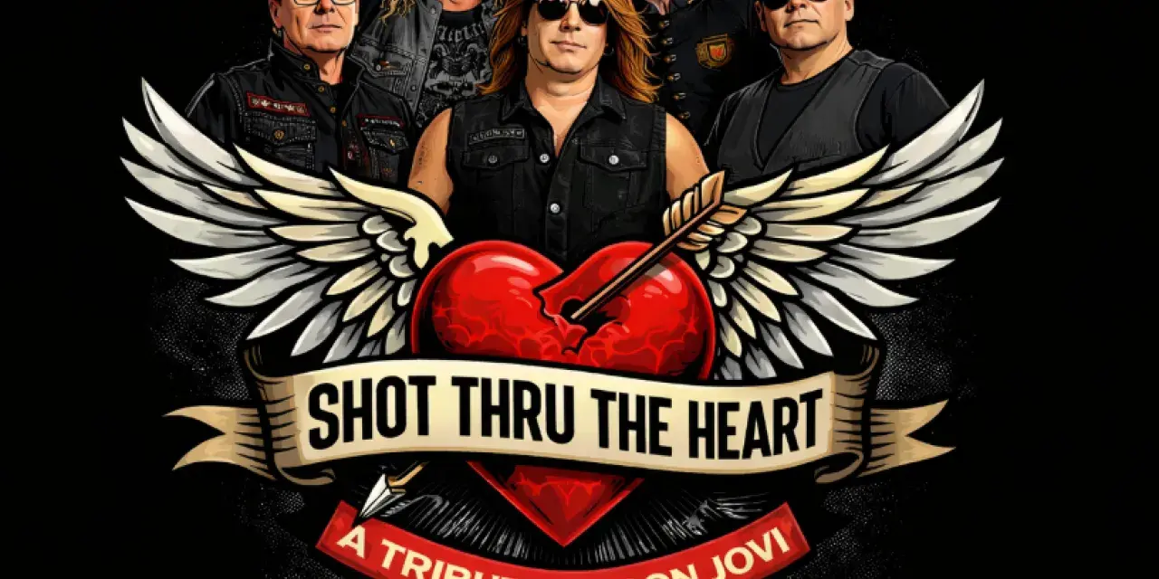 Illustrated promotional graphic for Shot Thru the Heart, a Bon Jovi tribute band, featuring five band members above a winged red heart pierced by an arrow on a black background.