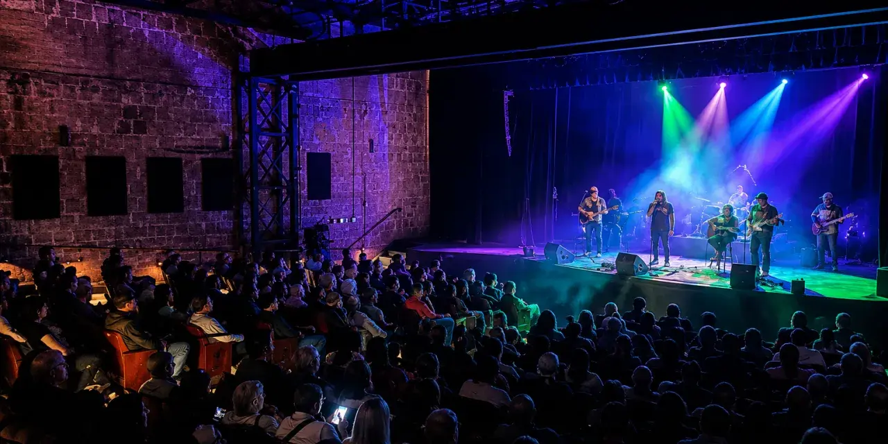 A crowd watches a live band perform under colorful stage lights inside the Tybee Post Theater.