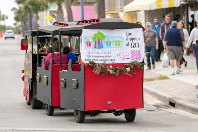 Tybee Holly Days Christmas train shuttle on Tybee Island.