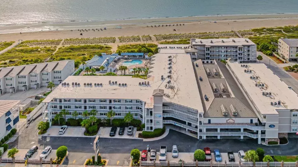 Aerial view of Beachside Colony Resort and Mid Beach on Tybee Island