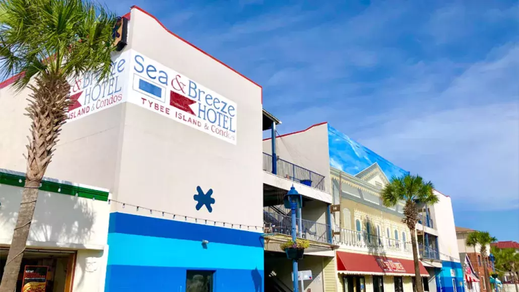 Outdoor exterior view of Sea & Breeze Hotel on Tybee Island