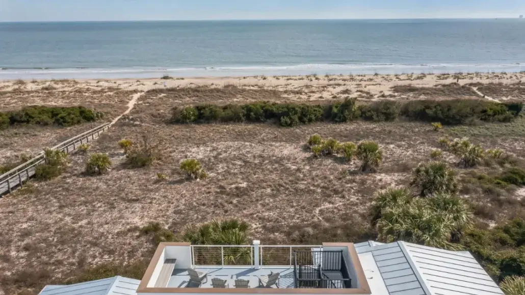An aerial view from the top of a beach home overlooking the ocean on Tybee Island, GA.