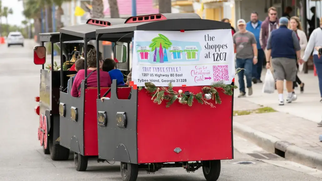 Tybee Holly Days Christmas train shuttle on Tybee Island.