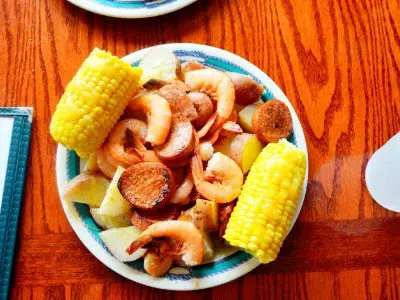 Low Country Boil with corn, shrimp, sausage and potatoes