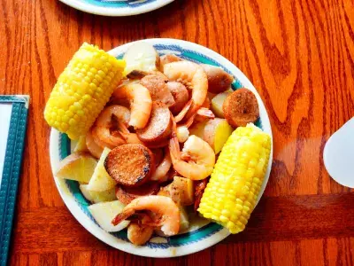 Low Country Boil with corn, shrimp, sausage and potatoes