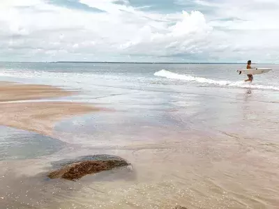 Surfer entering ocean on the beach