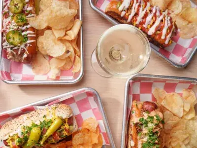 Several seafood dishes displayed on a table.
