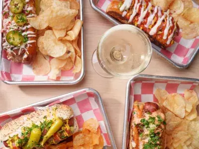 Several seafood dishes displayed on a table.