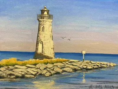 A painting of a lighthouse in the ocean surrounded by rocks.