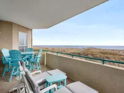 An outdoor deck with beach views