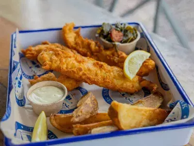 A serving of fish and chips.