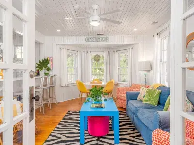 A living room with bright-colored decor and a zebra print rug.