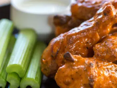 Baked buffalo wings with ranch and celery.