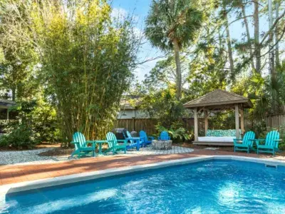 A large outdoor beach home pool on Tybee Island, GA.
