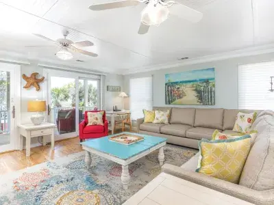 An open space living room beach home on Tybee Island, GA.