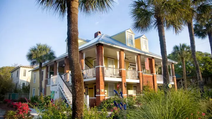 An exterior view of a bed and breakfast multi-level home