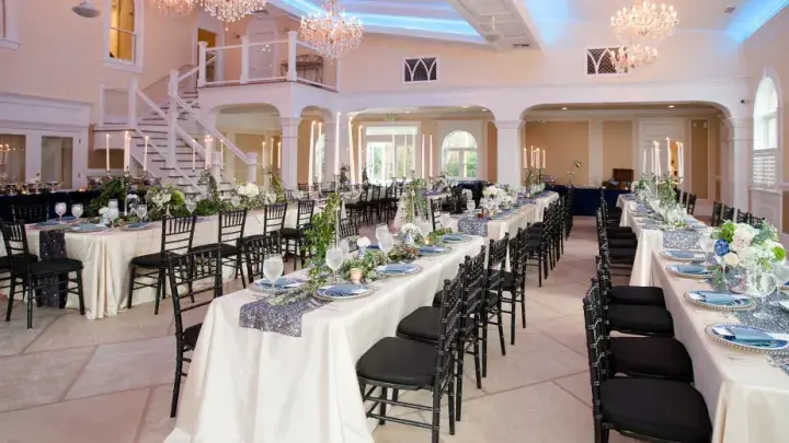 A beautiful dining hall setup for a wedding reception.