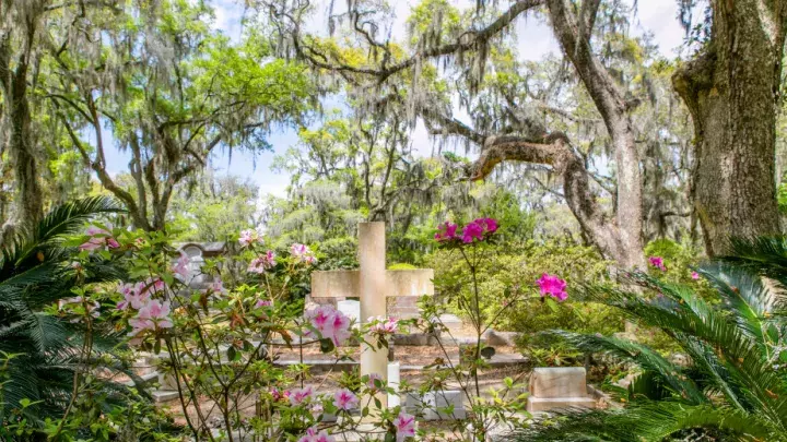 A large burial cross surrounded by pink azaleas and trees
