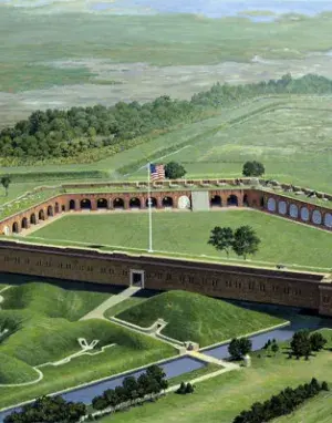 Fort Pulaski’s outer walls and drawbridge surrounded by a calm moat.